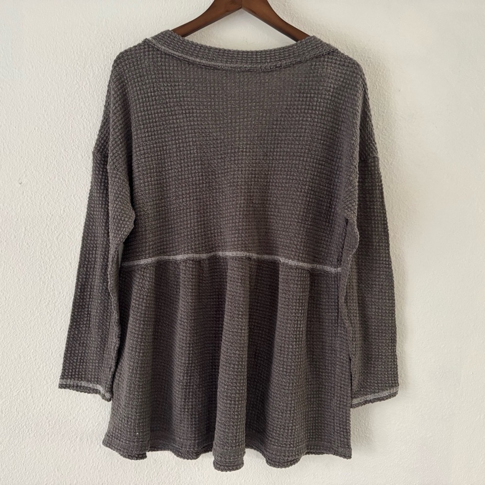 Cozy Boho Waffle Knit V-Neck Babydoll Top XL Long Sleeve Gray Cozy Soft Girl - Picture 8 of 12